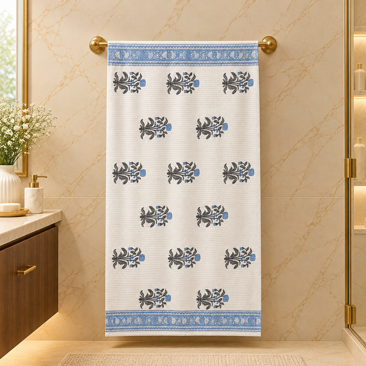 Premium Ivory & Blue Floral Handblock Printed Pure Cotton Waffle Bath Towel