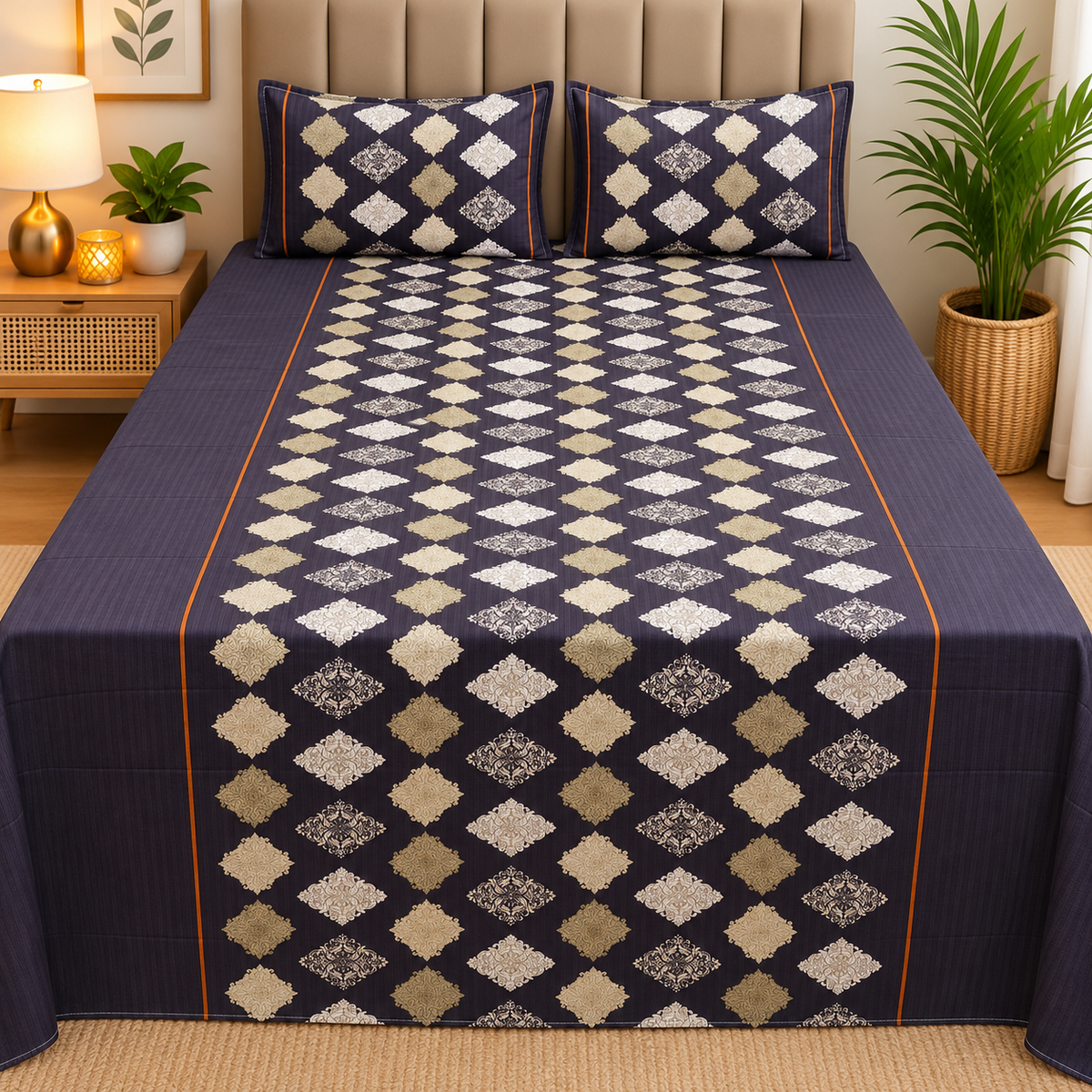 Rustic Bloom Premium Navy Blue & Beige Geometric Printed Diwan Set with 2 Pillow Covers