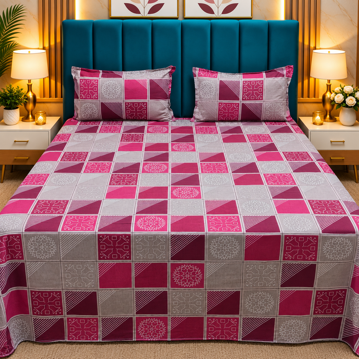 Procian Premium Pink, Burgundy & Grey Geometric Printed Pure Cotton Queen-Size Bedsheet