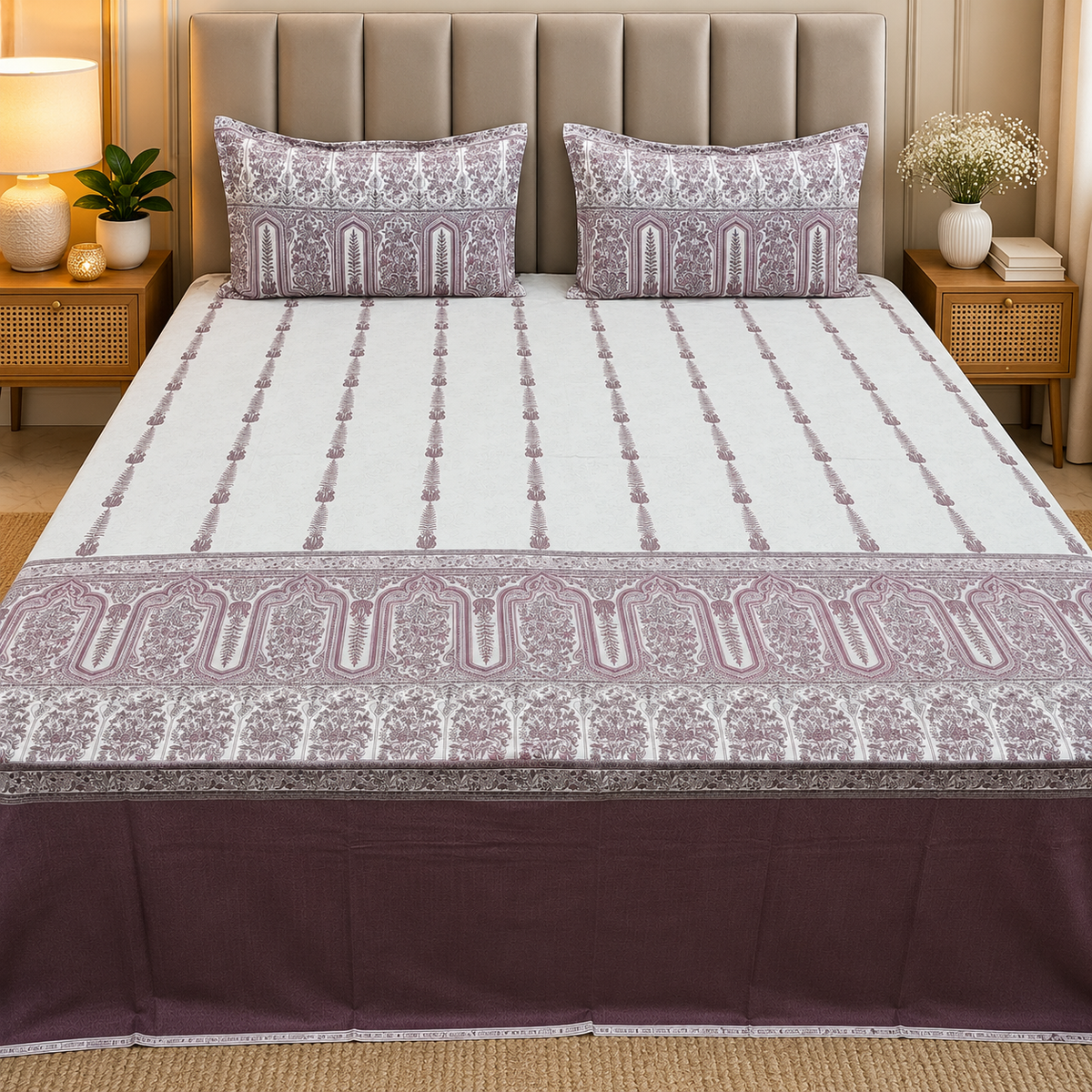 Artistry of India Premium Mauve & White Printed Pure Cotton King Size Bedsheet Set