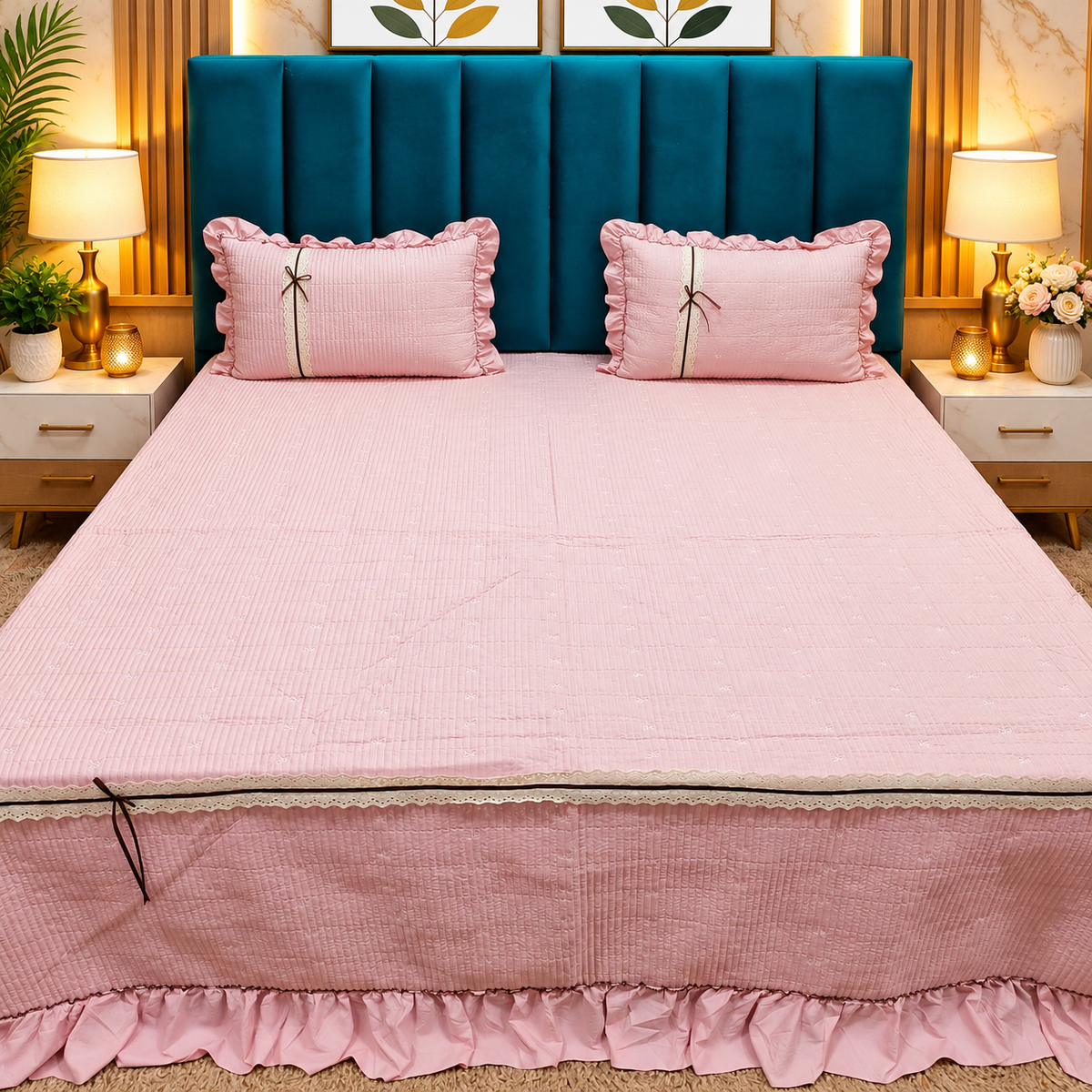 Atrio Premium Pink Quilted Cotton Bedcover with Ruffle Border