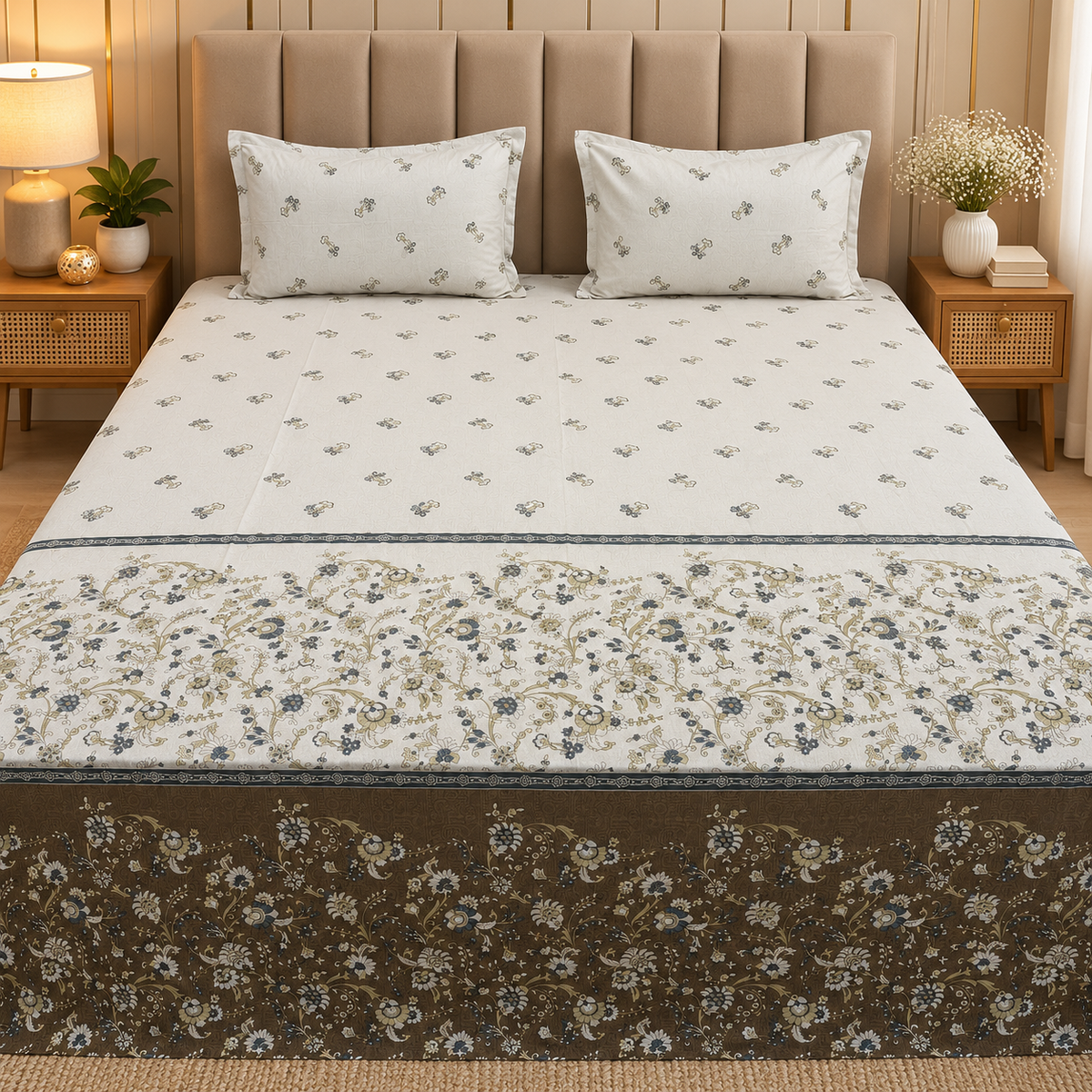 Artistry of India Premium Brown & Ivory Floral Printed Pure Cotton King Size Bedsheet Set