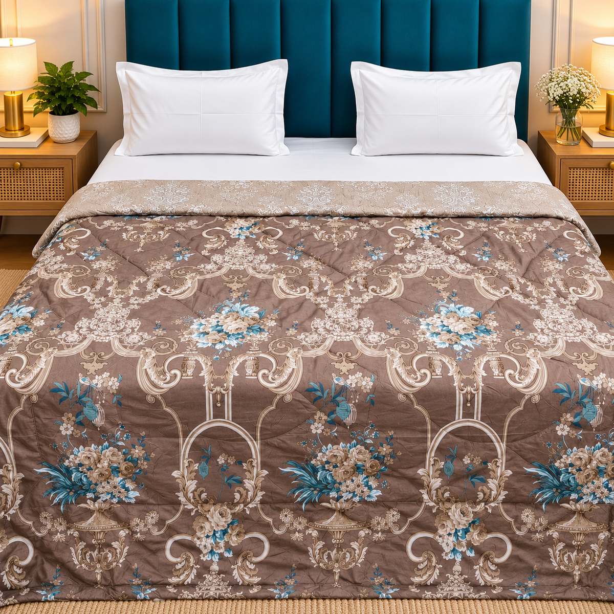 Tencel Premium Taupe Brown & Turquoise Blue Floral Damask Printed Double Bed Comforter