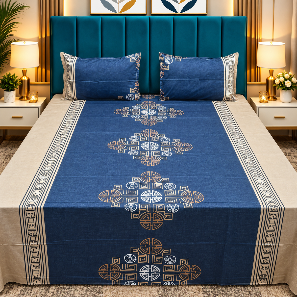Procian Premium Royal Blue & Beige Geometric Medallion Printed Pure Cotton Queen-Size Bedsheet