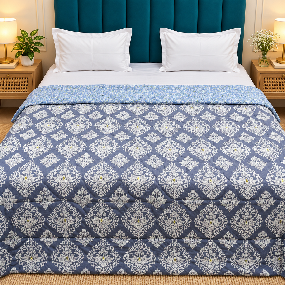 Tencel Premium Slate Blue & White Damask Printed Double Bed Comforter