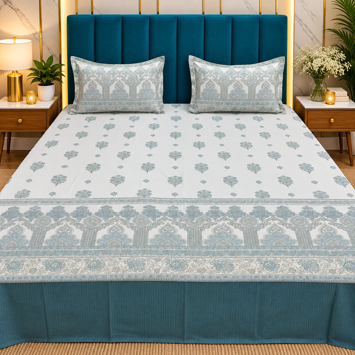Artistry of India Premium Ice Blue & White Floral Printed Pure Cotton King-Size Bedsheet Set
