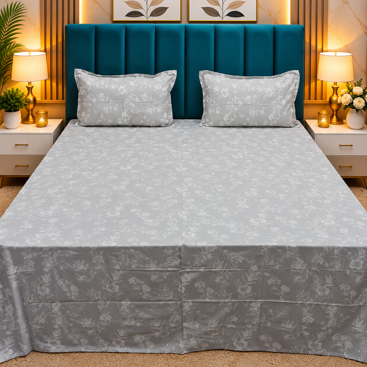Glory Premium Grey & White Floral Printed Queen Size Pure Cotton Bedsheet