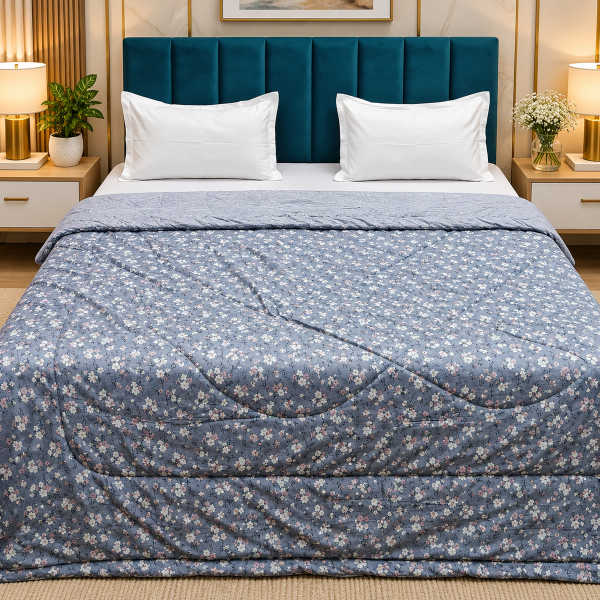Tencel Premium Slate Blue & Multicolor Floral Printed Double Bed Comforter