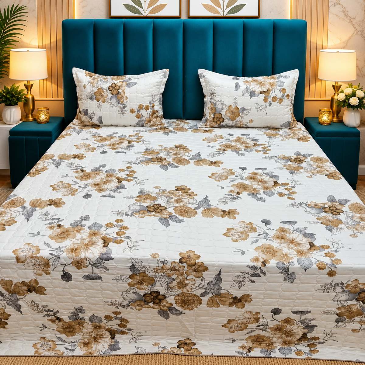 Elowen Premium Beige & Brown Floral Printed Cotton Bedcover