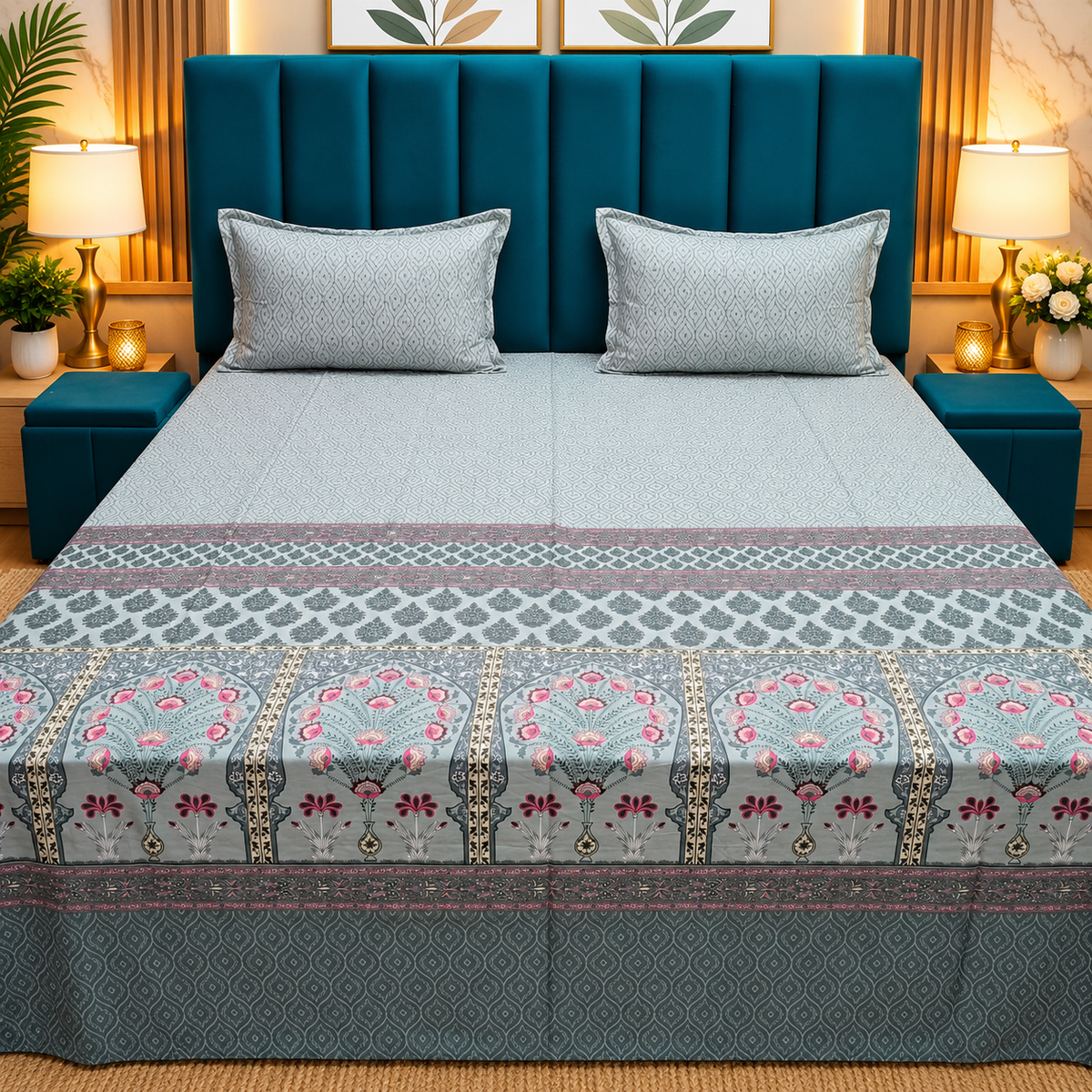 Procian Premium Grey & Pink Floral Border Printed Pure Cotton Queen-Size Bedsheet