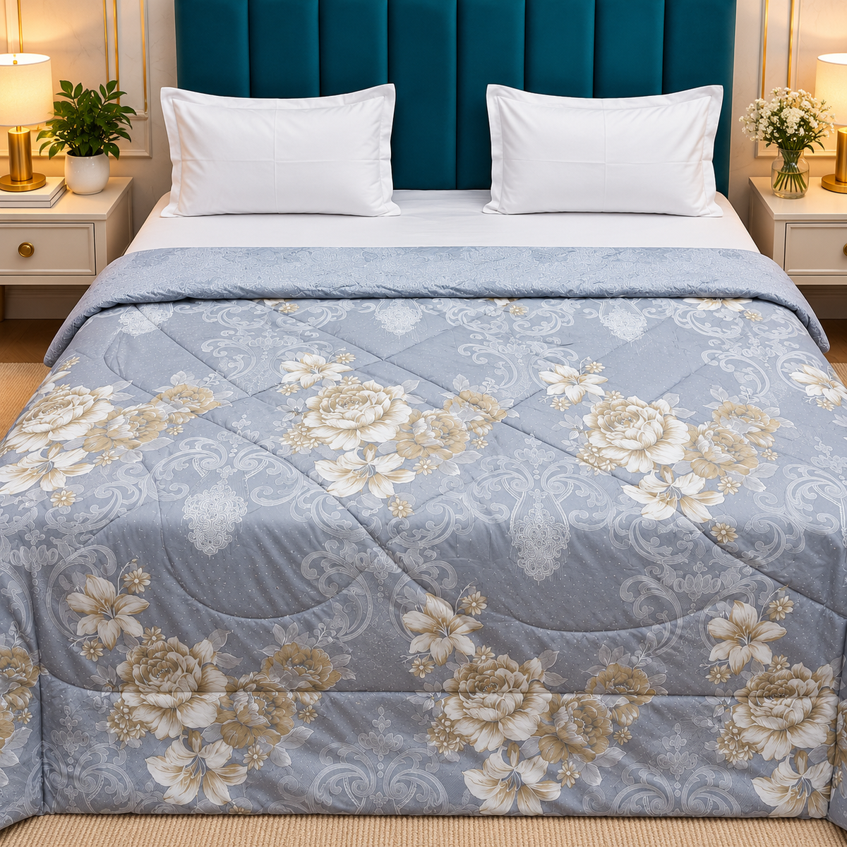 Tencel Premium Grey Blue & Cream Floral Printed Double Bed Comforter