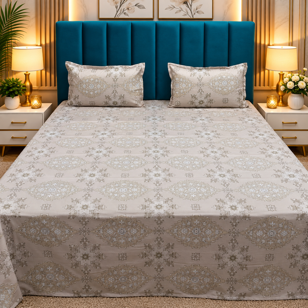 Glory Premium Ivory & Grey Floral Medallion Printed Queen Size Pure Cotton Bedsheet