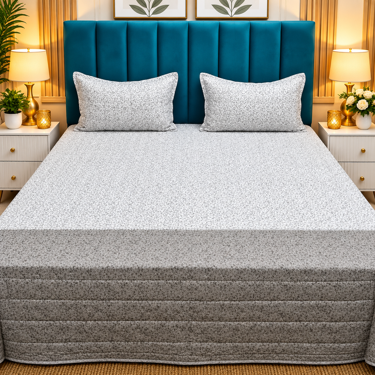 Victory Premium Grey & White Floral Printed Cotton Bedcover