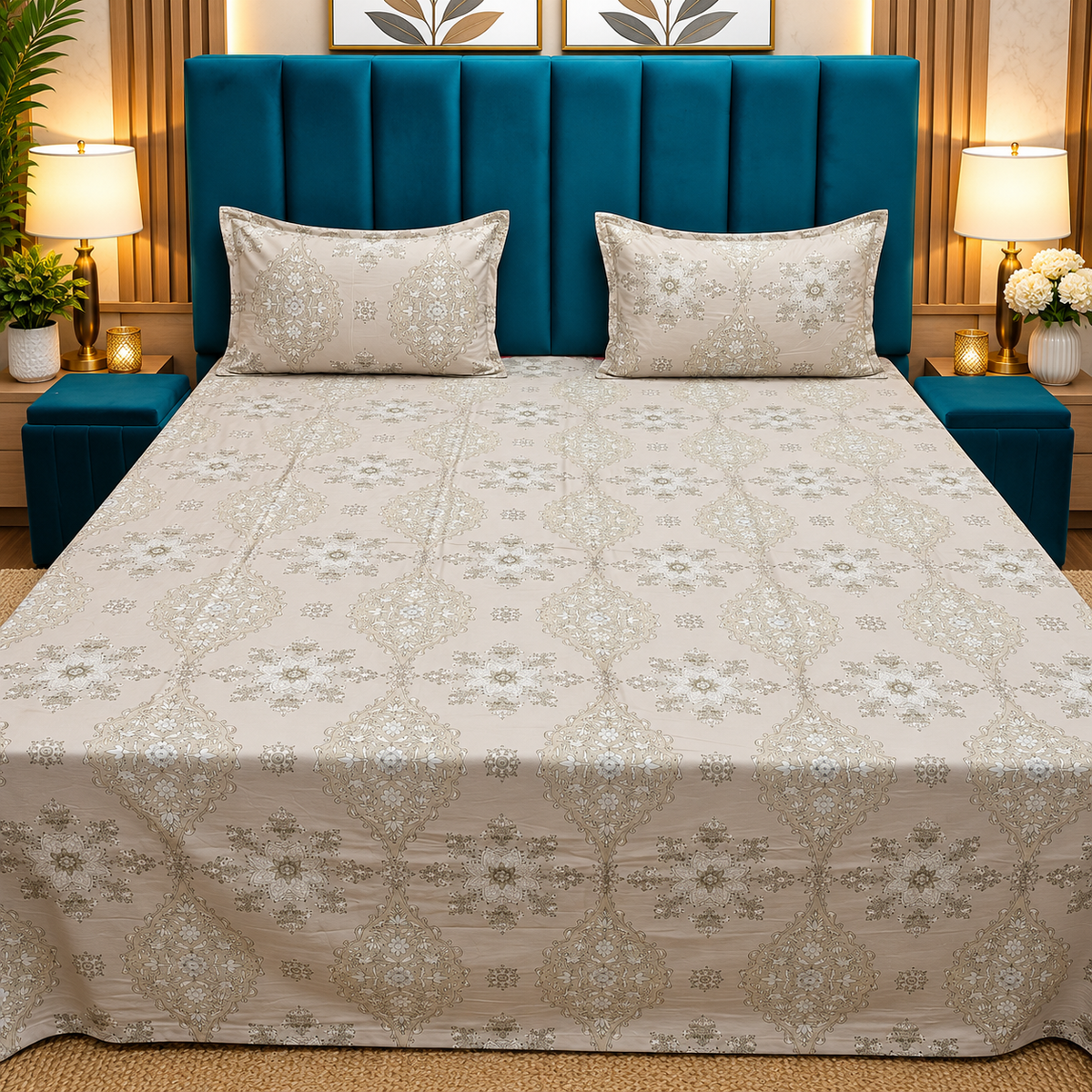 Procian Premium Beige & Gold Floral Printed Pure Cotton Queen-Size Bedsheet