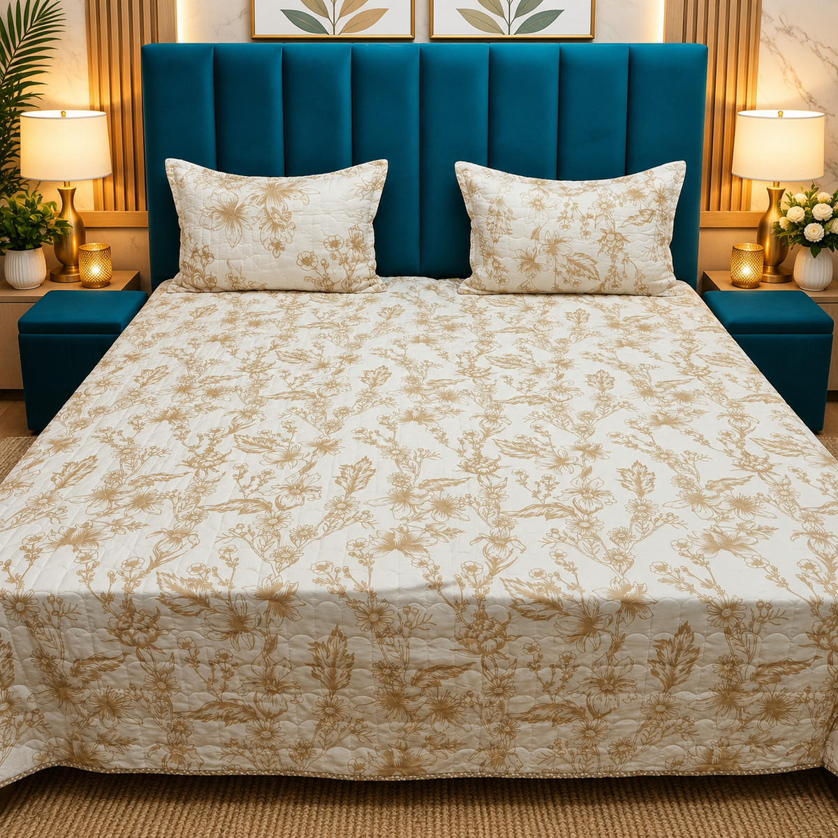 Elowen Premium Beige & White Floral Printed Cotton Bedcover