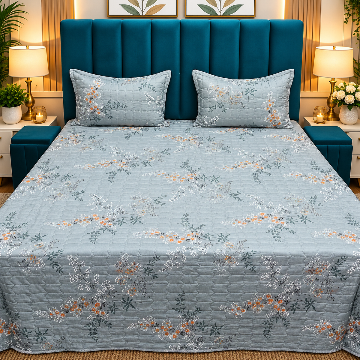 Elowen Premium Grey & Orange Floral Printed Cotton Bedcover