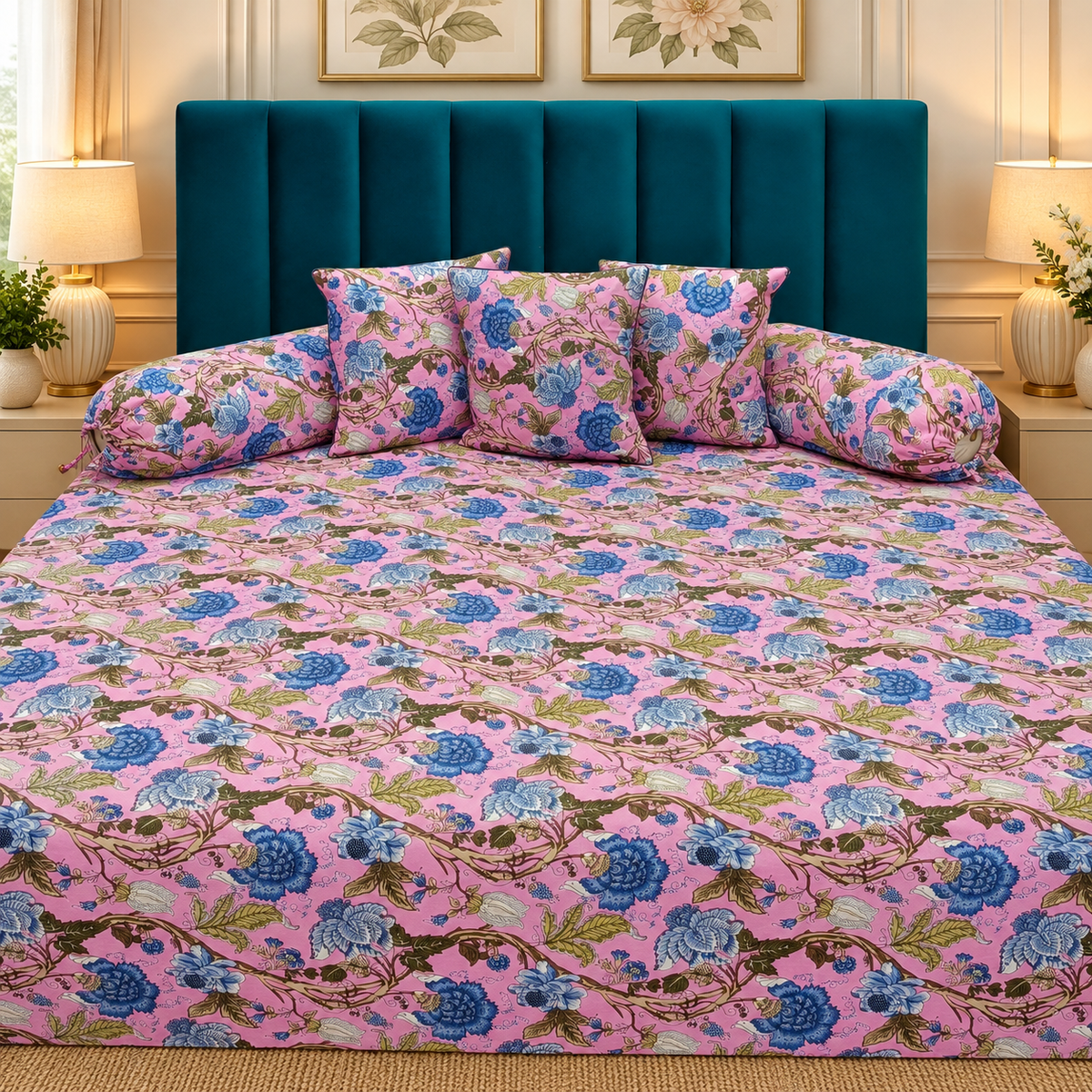 Florenza Premium Blue & Pink Floral Printed 8-Piece Pure Cotton Diwan Set