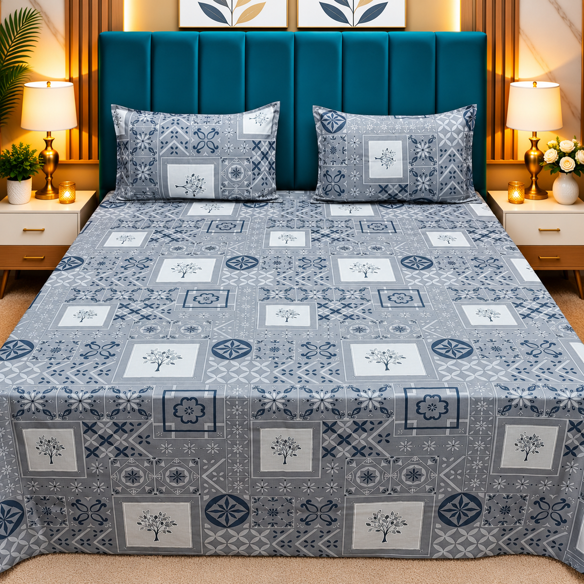 Procian Premium Grey & Navy Blue Geometric Floral Printed Pure Cotton Queen-Size Bedsheet