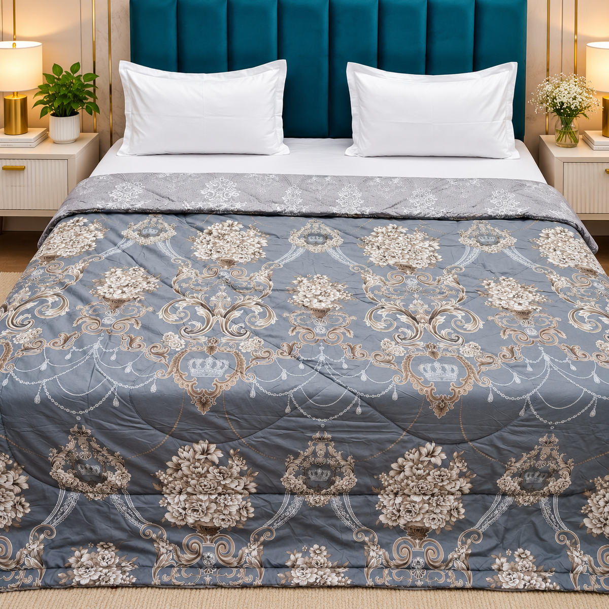 Tencel Premium Grey Blue & Beige Floral Medallion Printed Double Bed Comforter