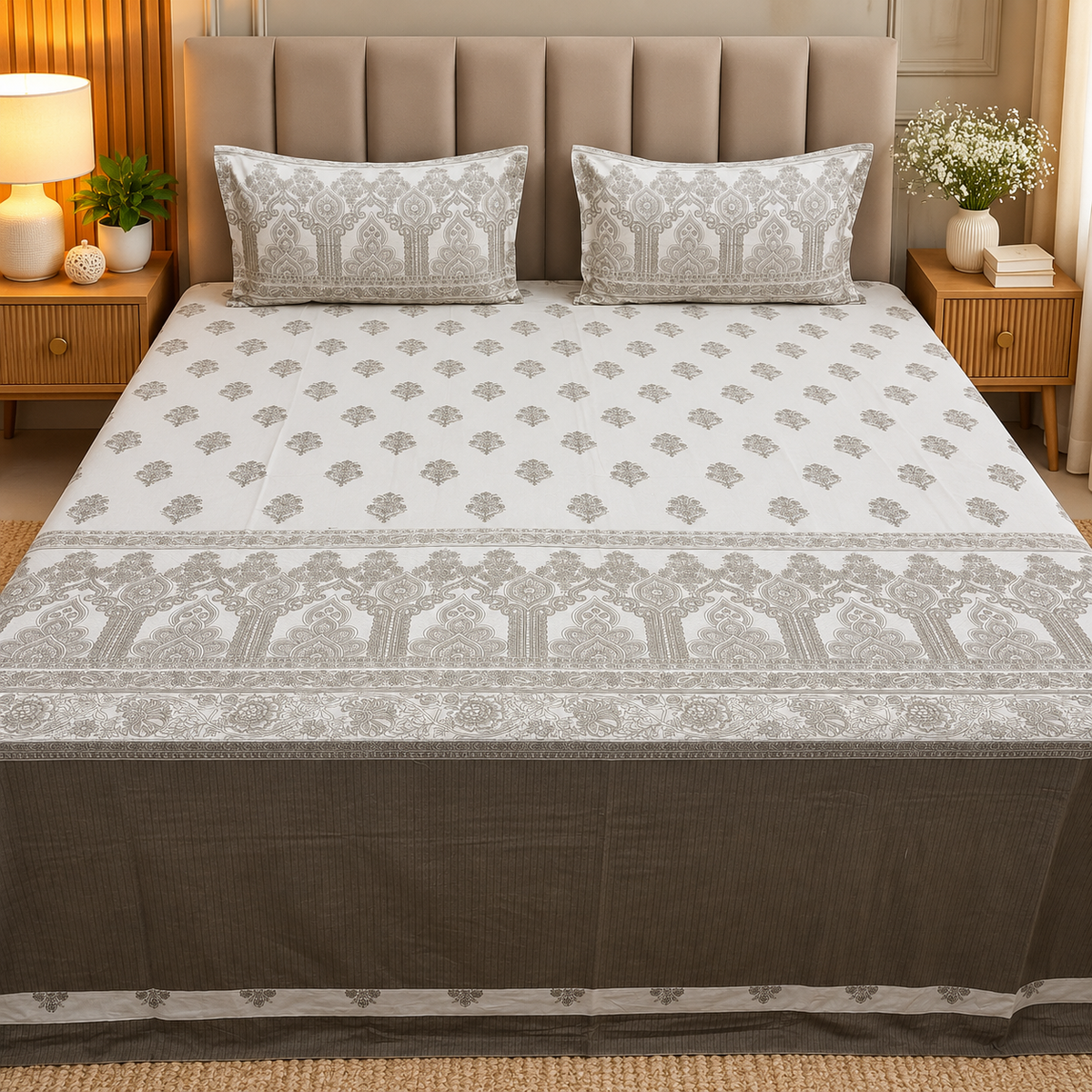 Artistry of India Premium Grey & White Printed Pure Cotton King Size Bedsheet Set