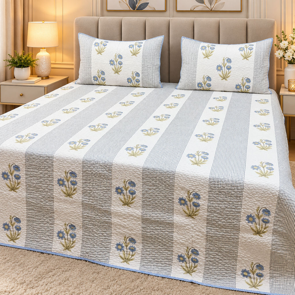 Sanganeri dreams Mul Cotton Handblock Printed king Size Quilted Bedcovers