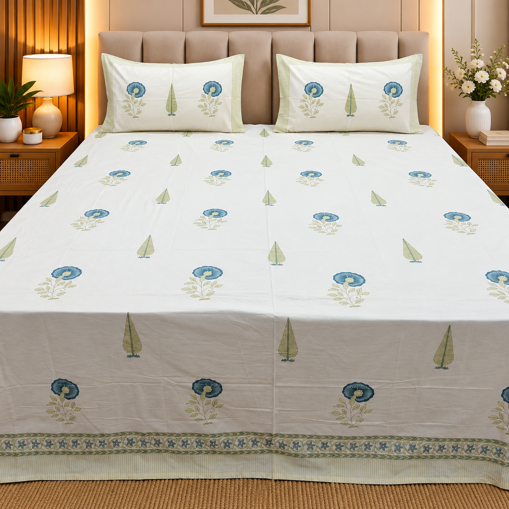 Percale Premium Elegant Floral Printed Pure Cotton Super King-Size Bedsheet (400TC)
