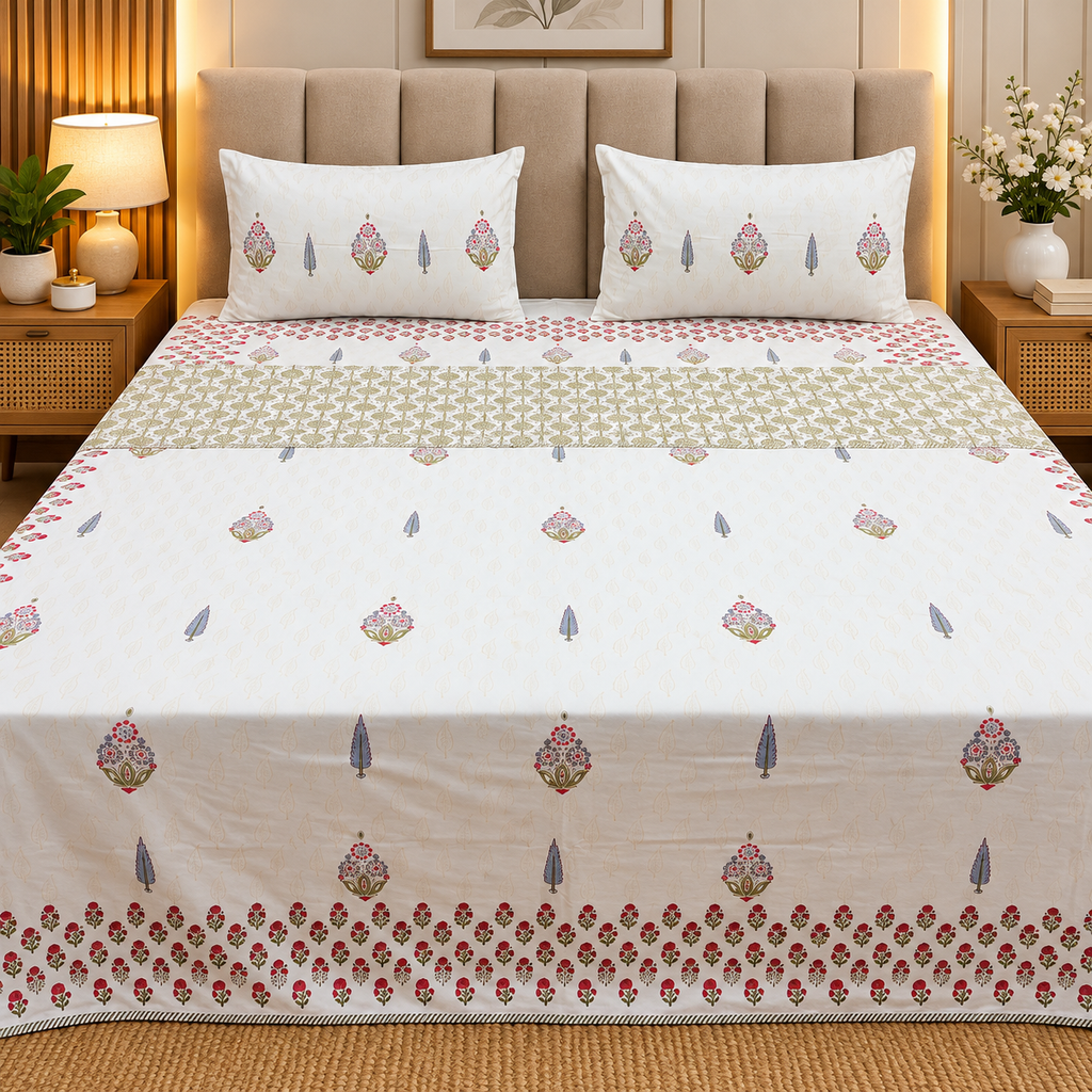 Saanjh HandBlock Printed Mul Mul cotton 4 pcs Bedding Set