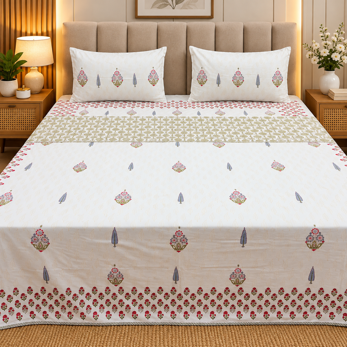 Saanjh HandBlock Printed Mul Mul cotton 4 pcs Bedding Set