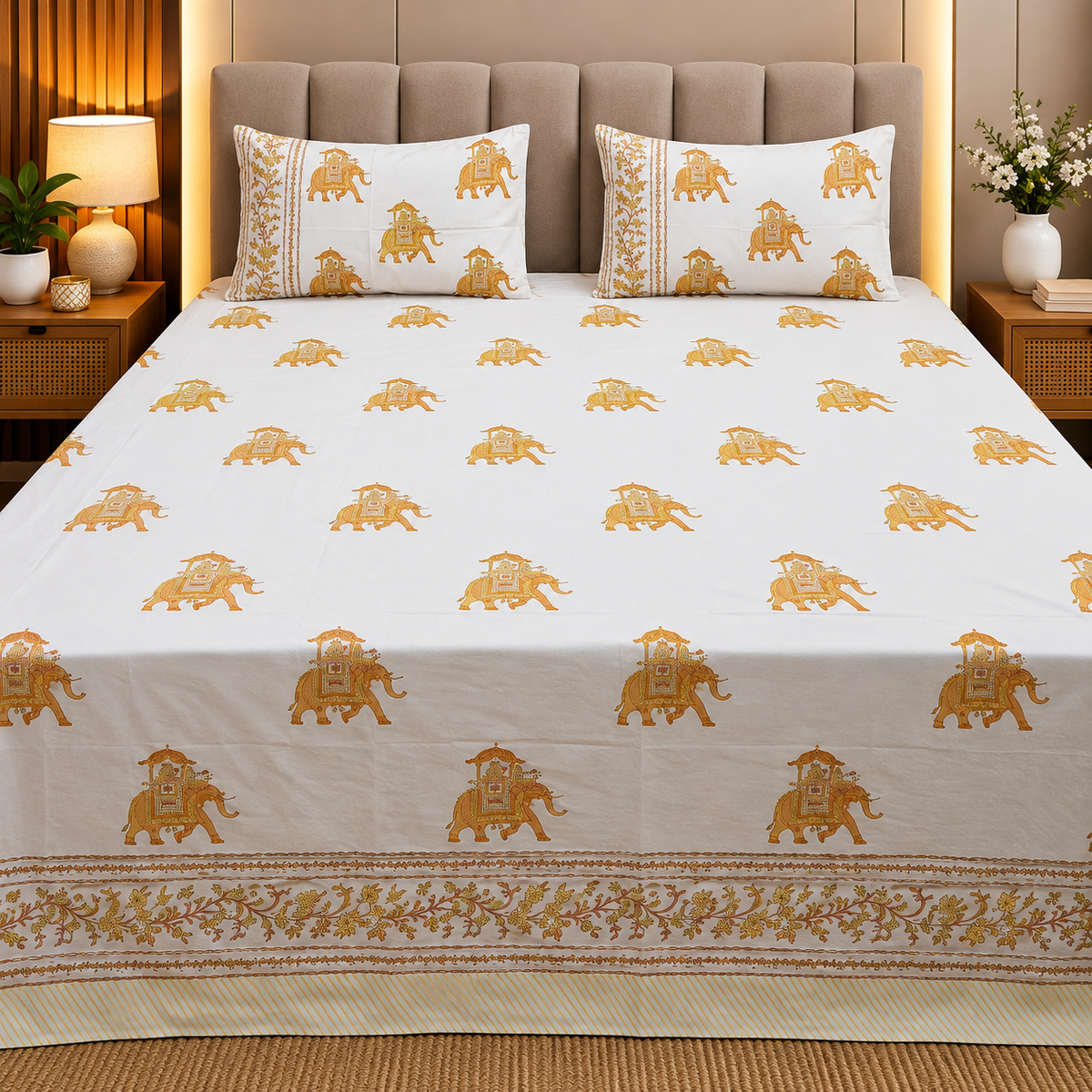 Percale Premium Cotton Hand block Printed Super King-size Bedsheet (300TC)