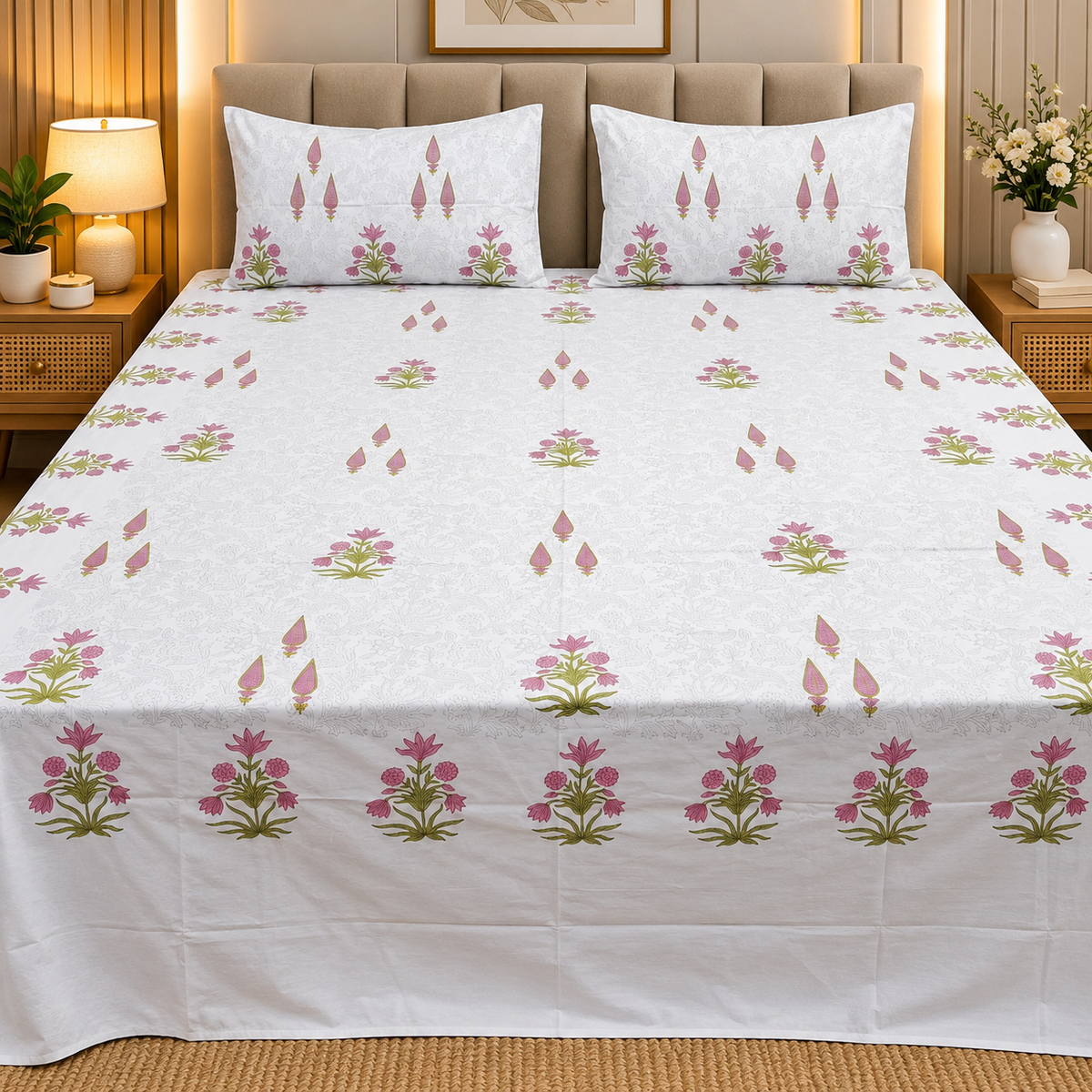 Percale Premium Cotton Hand block Printed Super King-size Bedsheet (400TC)