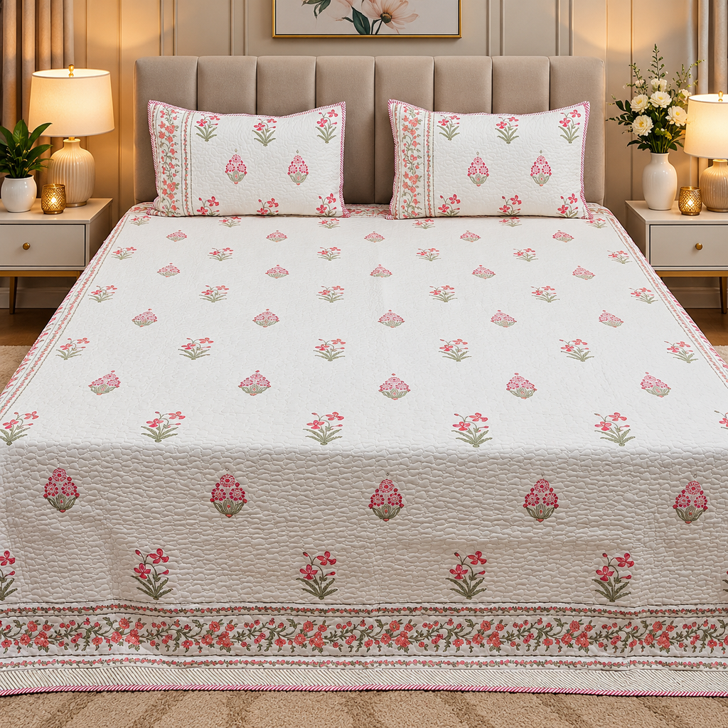 Sanganeri dreams Mul Cotton Handblock Printed king Size Quilted Bedcovers