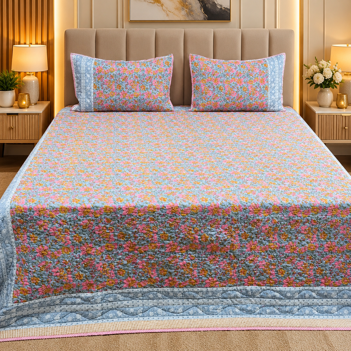 Sanganeri dreams Mul Cotton Handblock Printed king Size Quilted Bedcovers