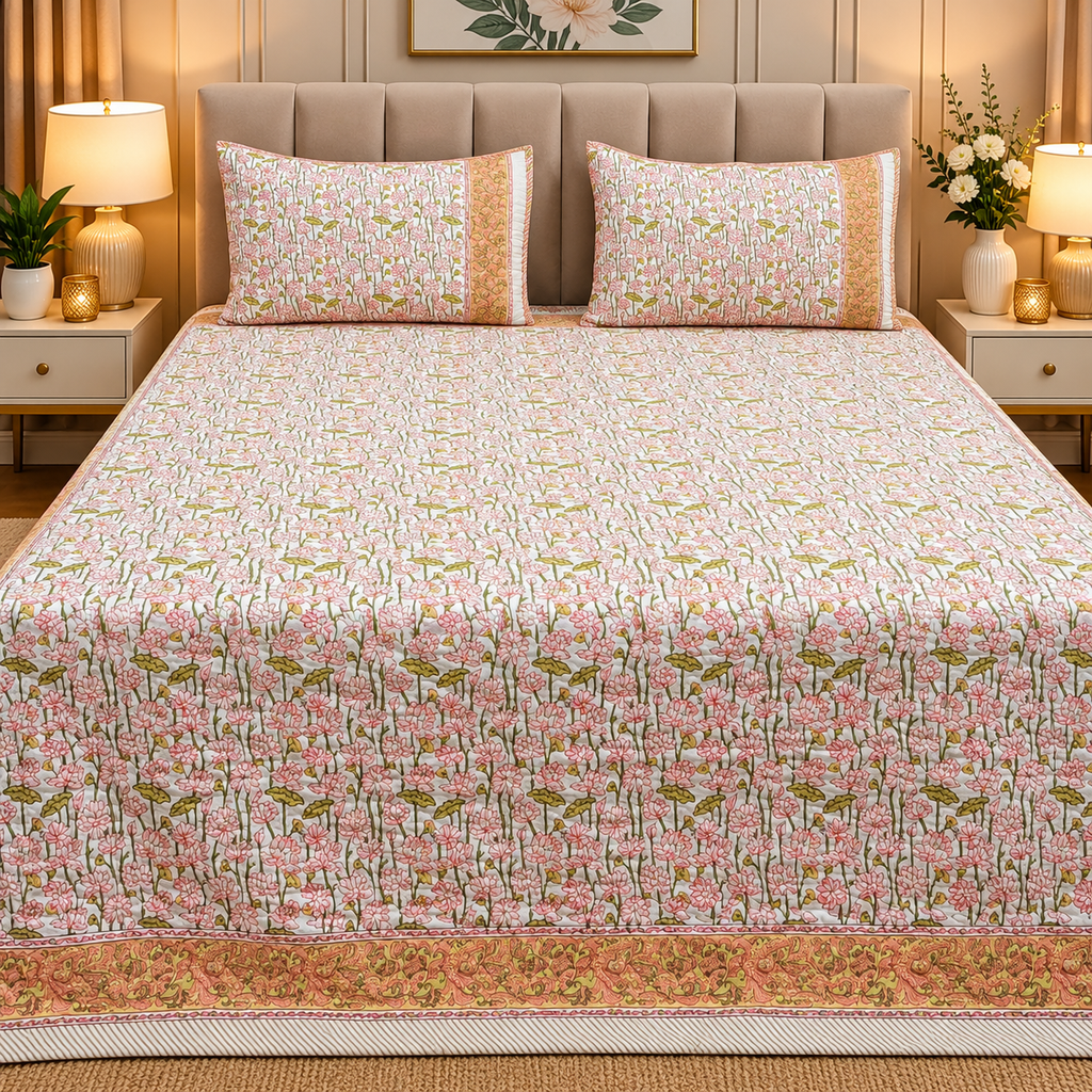 Sanganeri dreams Mul Cotton Handblock Printed king Size Quilted Bedcovers