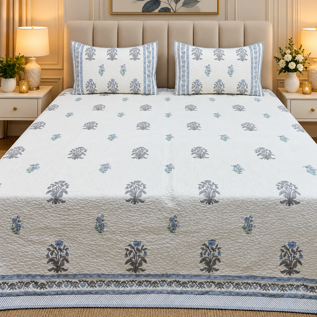 Sanganeri dreams Mul Cotton Handblock Printed king Size Quilted Bedcovers
