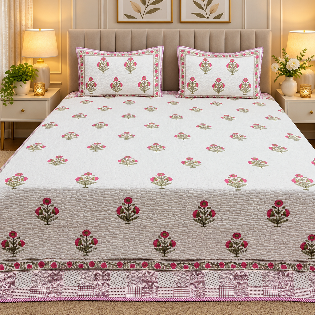 Sanganeri dreams Mul Cotton Handblock Printed king Size Quilted Bedcovers