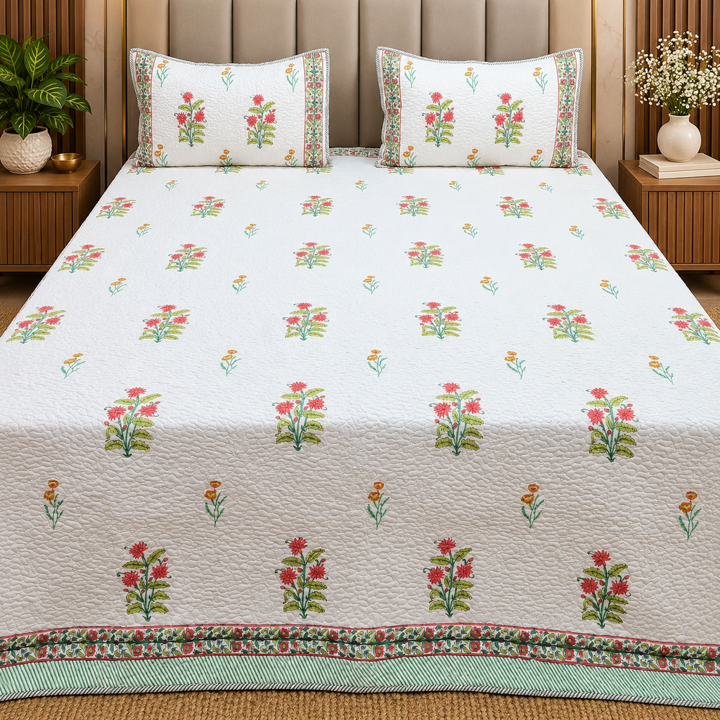 Sanganeri dreams Mul Cotton Handblock Printed king Size Quilted Bedcovers