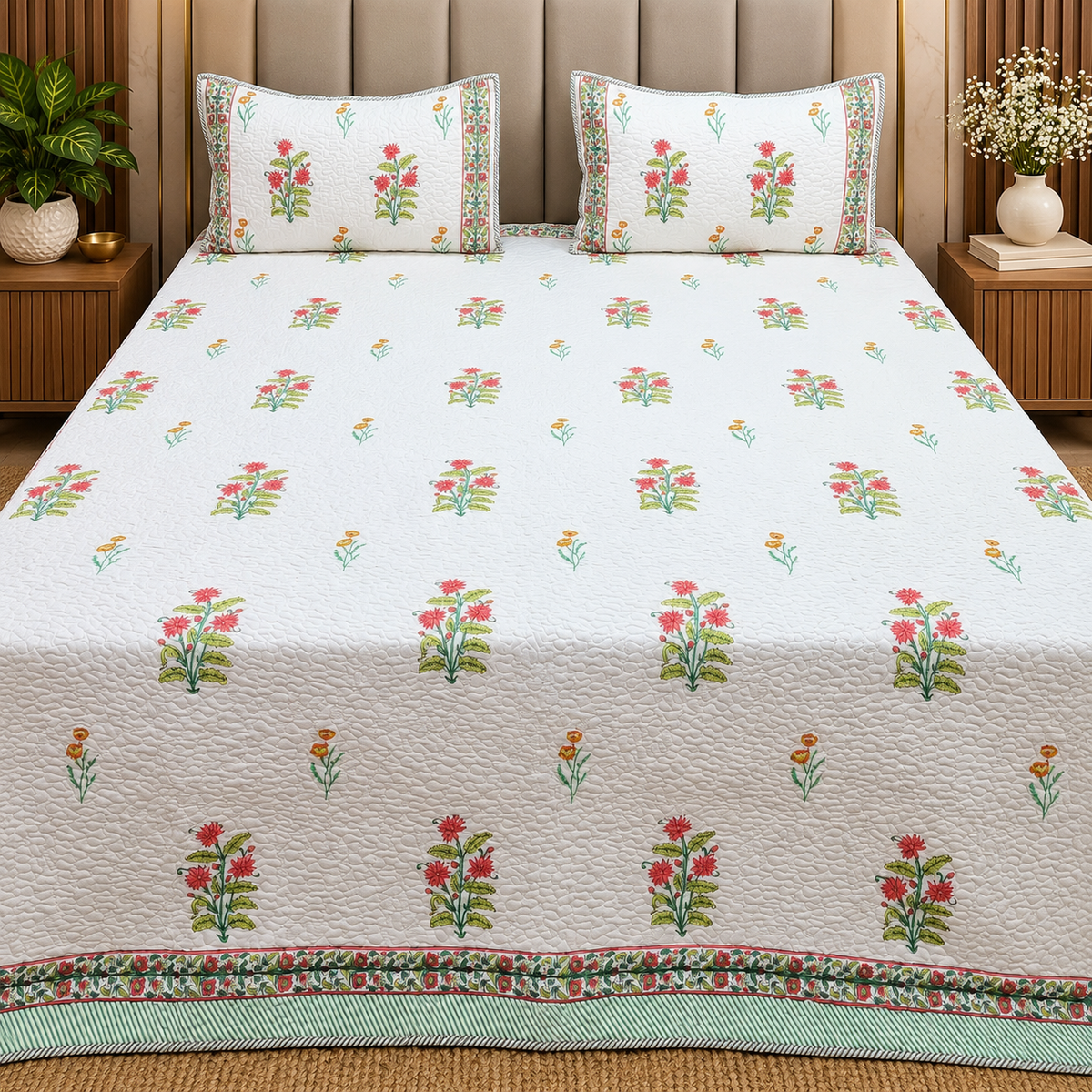 Sanganeri dreams Mul Cotton Handblock Printed king Size Quilted Bedcovers