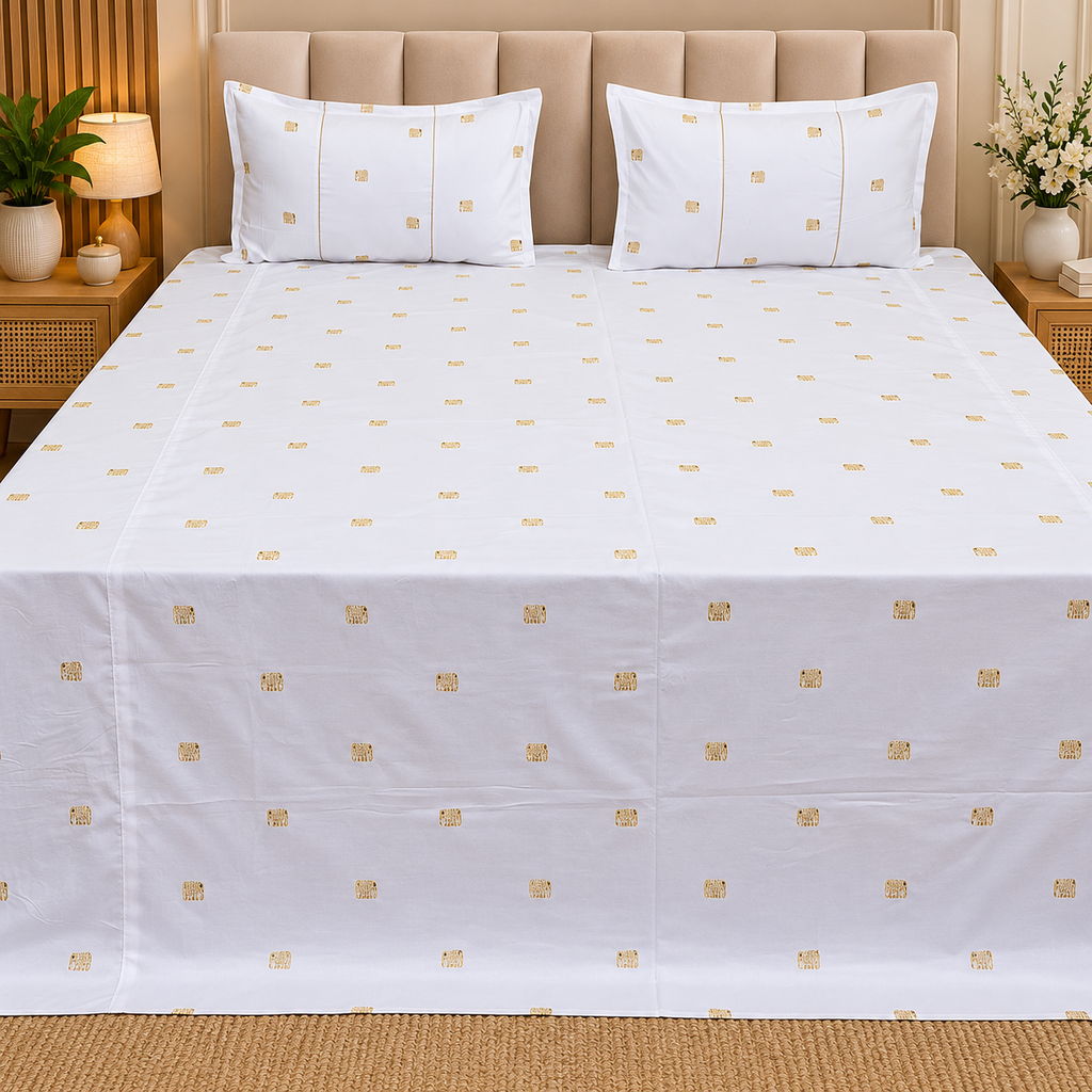 Elephant Motif Foil Work Embroidered King Size Bedsheet