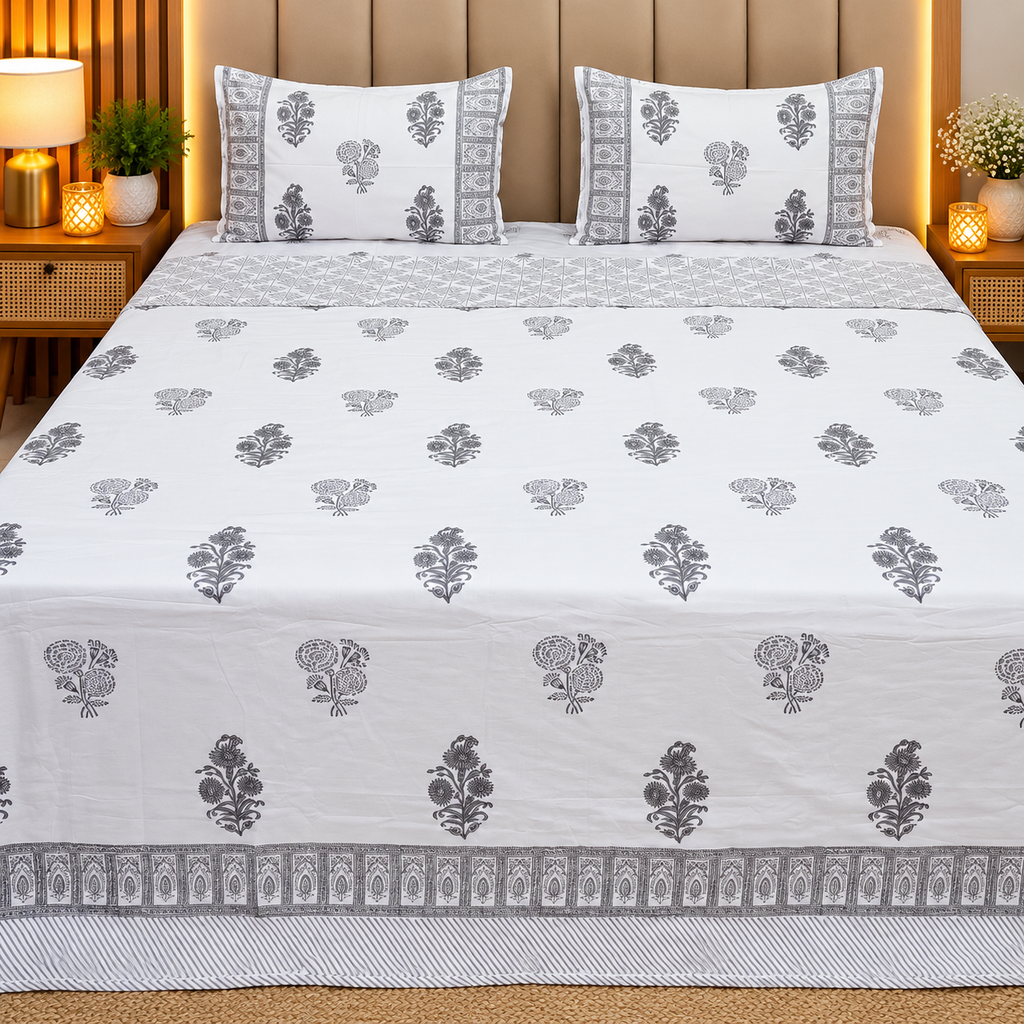 Saanjh HandBlock Printed Mul Mul cotton 4 pcs Bedding Set