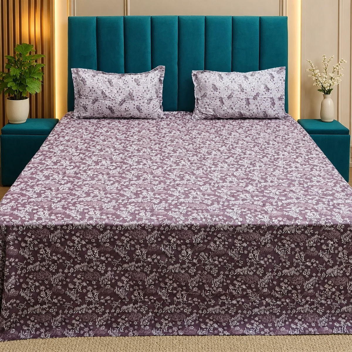Petals Perra Mauve Floral Printed King Size Pure Cotton Bedsheet Set