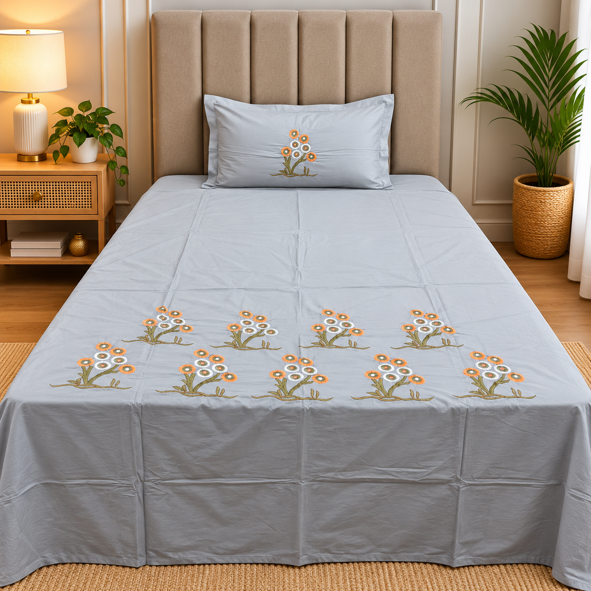 Orlina Premium Grey & Orange Floral Embroidered Single Bed Bedsheet