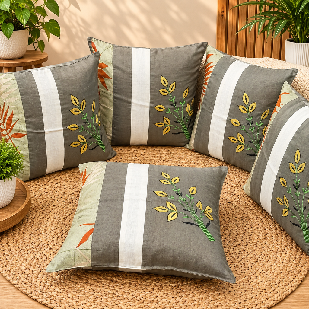 Mix & Match Pure Cotton  Embroidered Cushion Covers (Set of 5 Pcs )