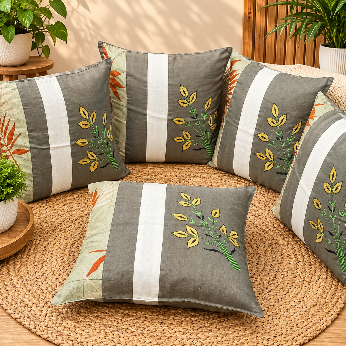 Mix & Match Pure Cotton  Embroidered Cushion Covers (Set of 5 Pcs )
