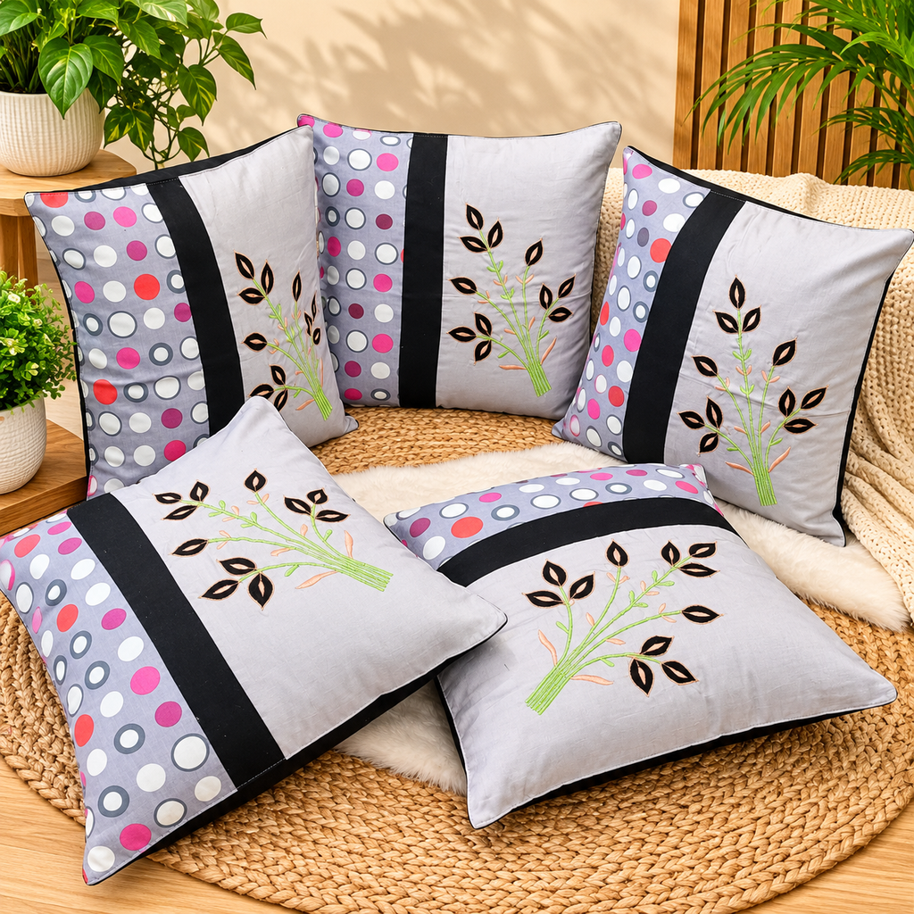 Mix & Match Pure Cotton  Embroidered Cushion Covers (Set of 5 Pcs )