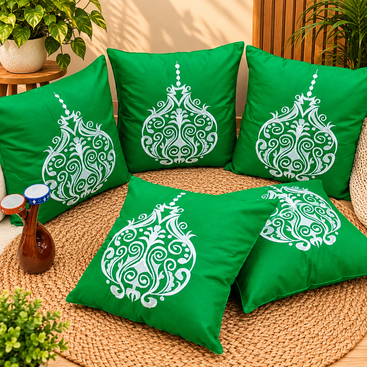 Solid Pure Cotton  Embroidered Cushion Covers (Set of 5 Pcs )