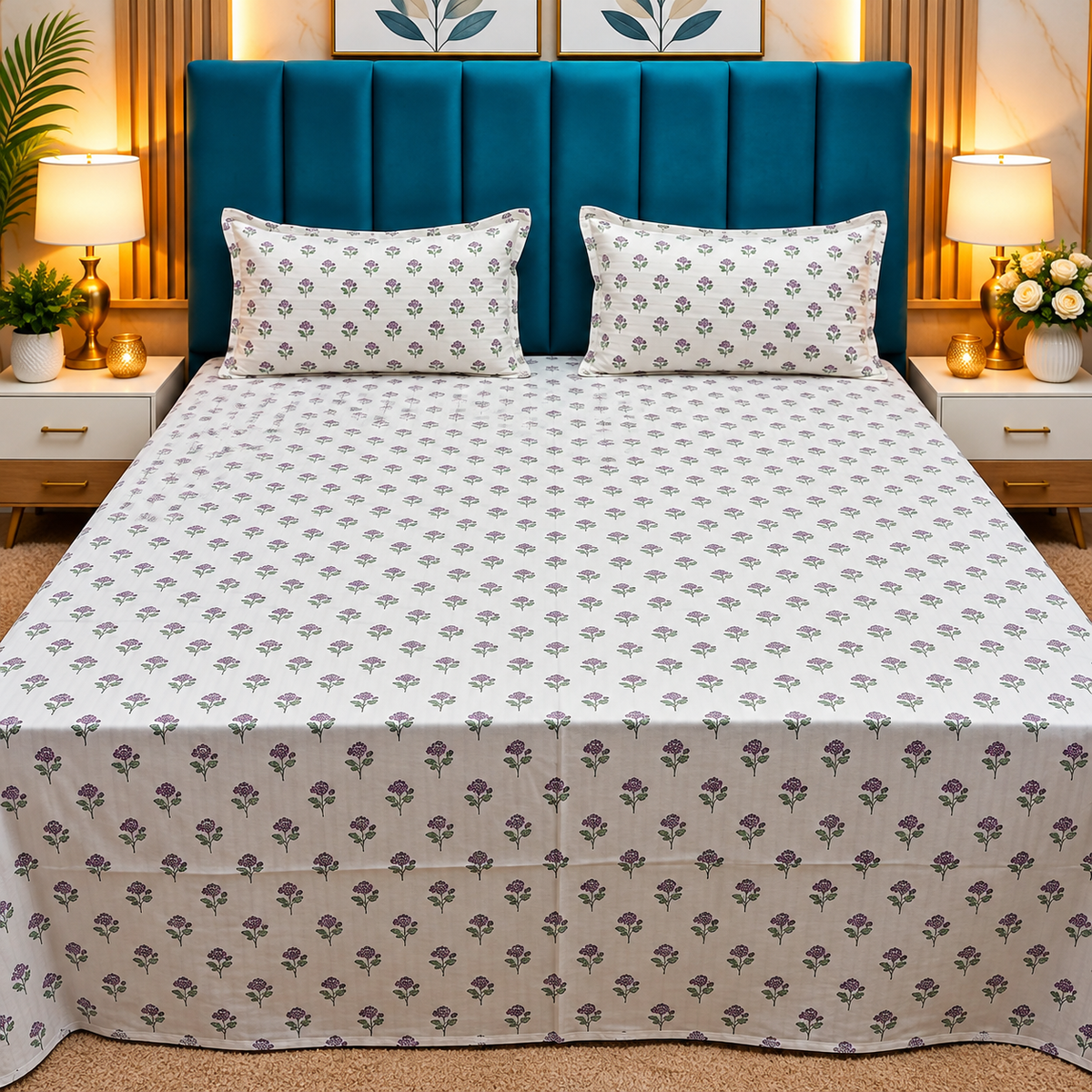 Glory Premium White & Purple Floral Printed Queen Size Pure Cotton Bedsheet