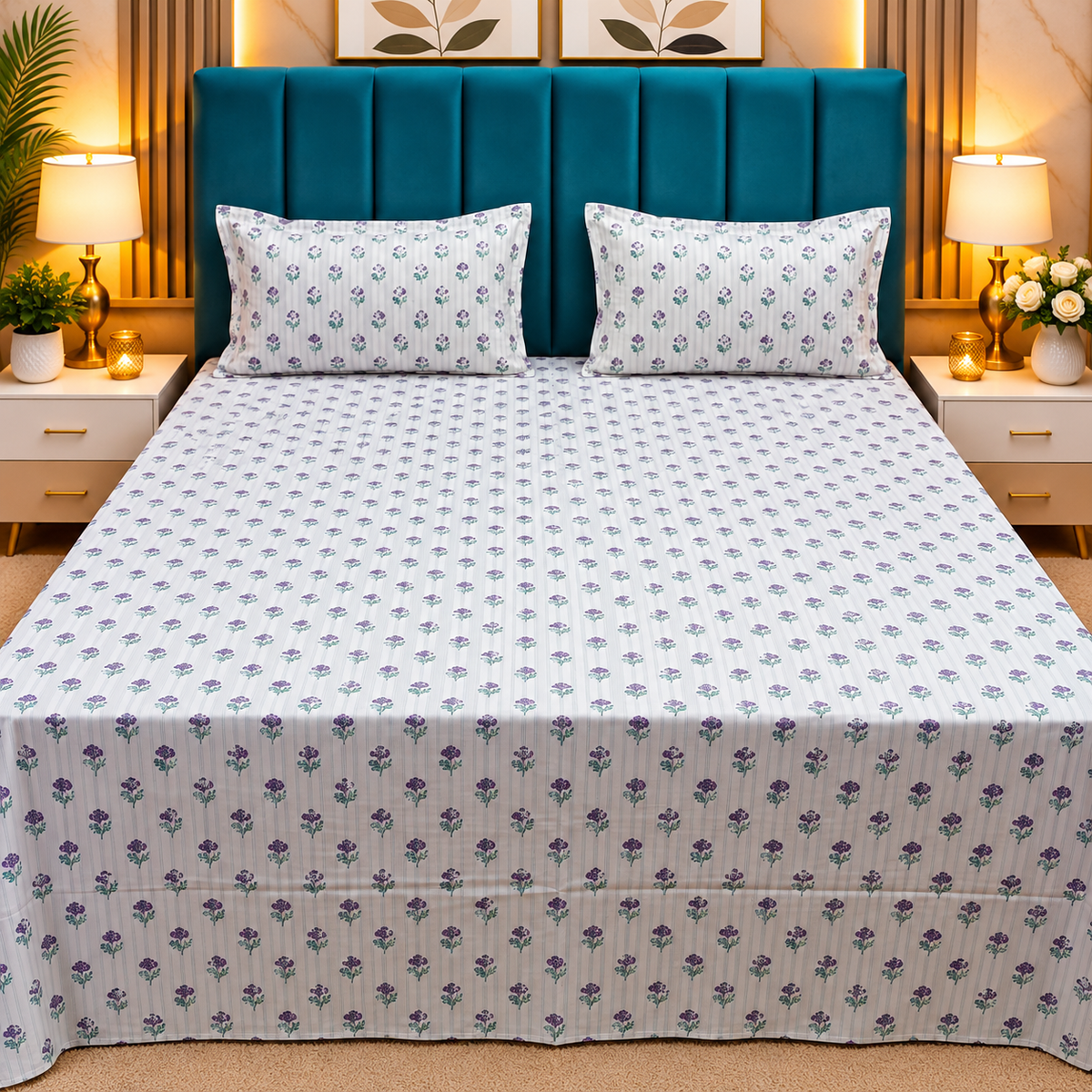 Glory Premium White & Purple Floral Printed Queen Size Pure Cotton Bedsheet