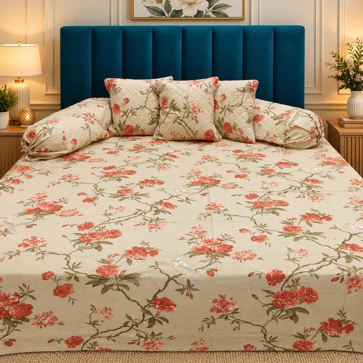 Florenza Premium Beige & Coral Floral Printed 8-Piece Pure Cotton Diwan Set