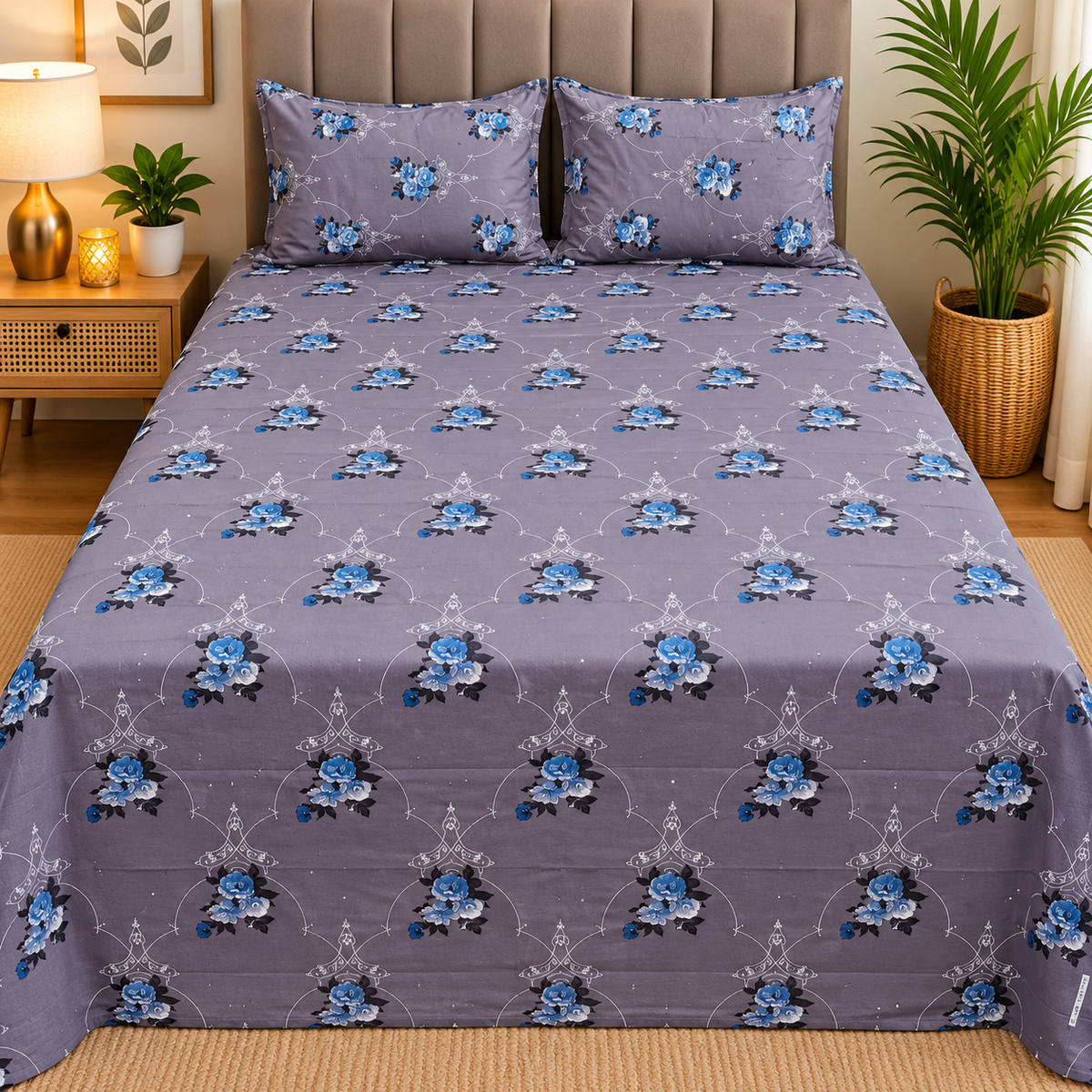 Rustic Bloom Premium Lavender & Blue Floral Printed Diwan Set with 2 Pillow Covers