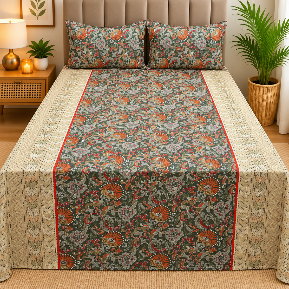 Rustic Bloom Premium Olive Green & Beige Floral Paisley Printed Diwan Set with 2 Pillow Covers
